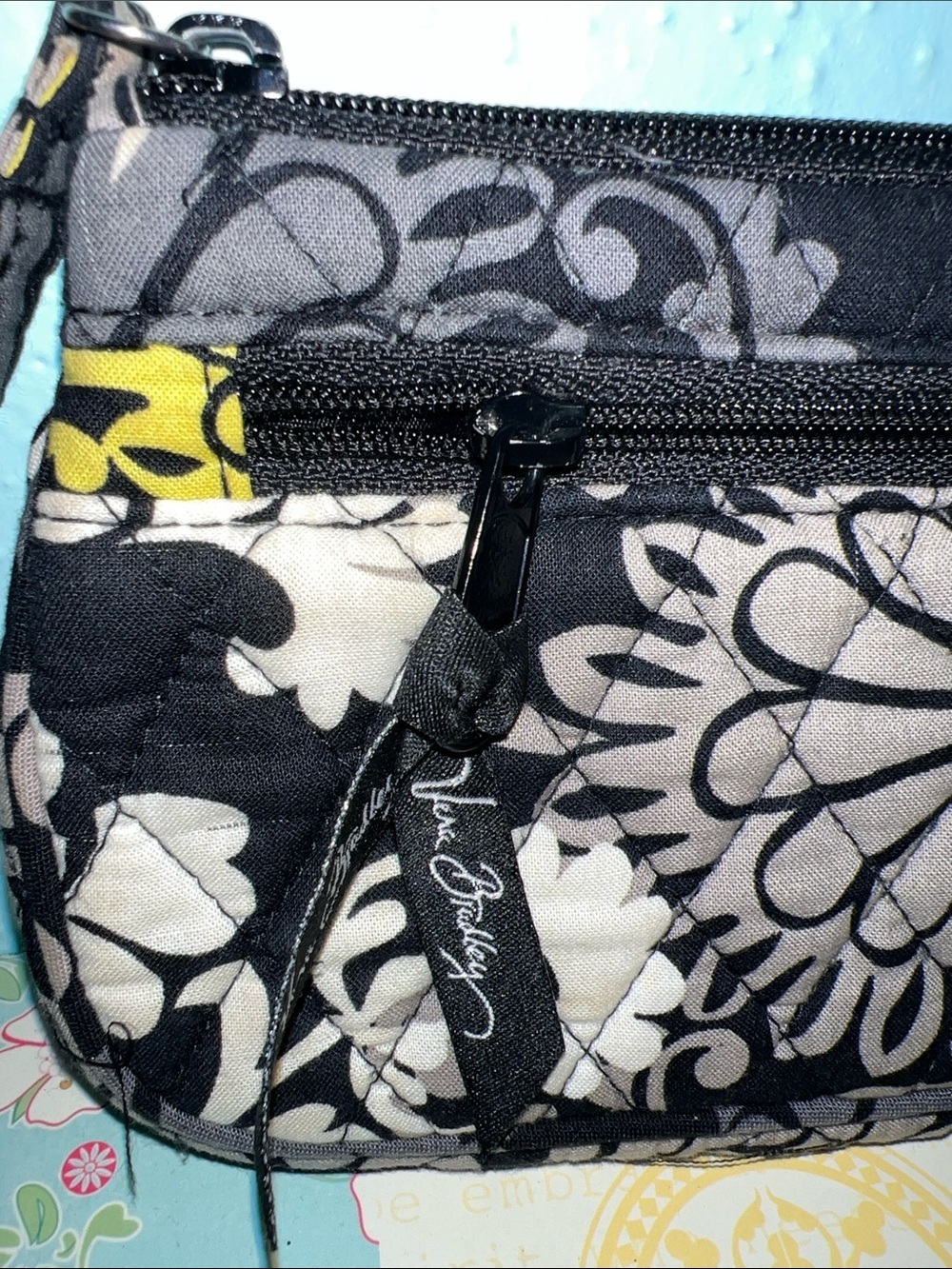 Vera Bradley Black White & Yellow Quilted Floral Wristlet Pouch $21